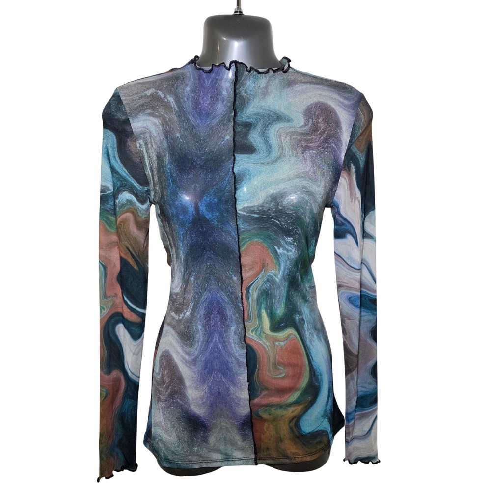 Y2K Mesh Long Sleeve Top Womens S Abstract Swirl Sheer Lettuce Hem Fairy Grunge
